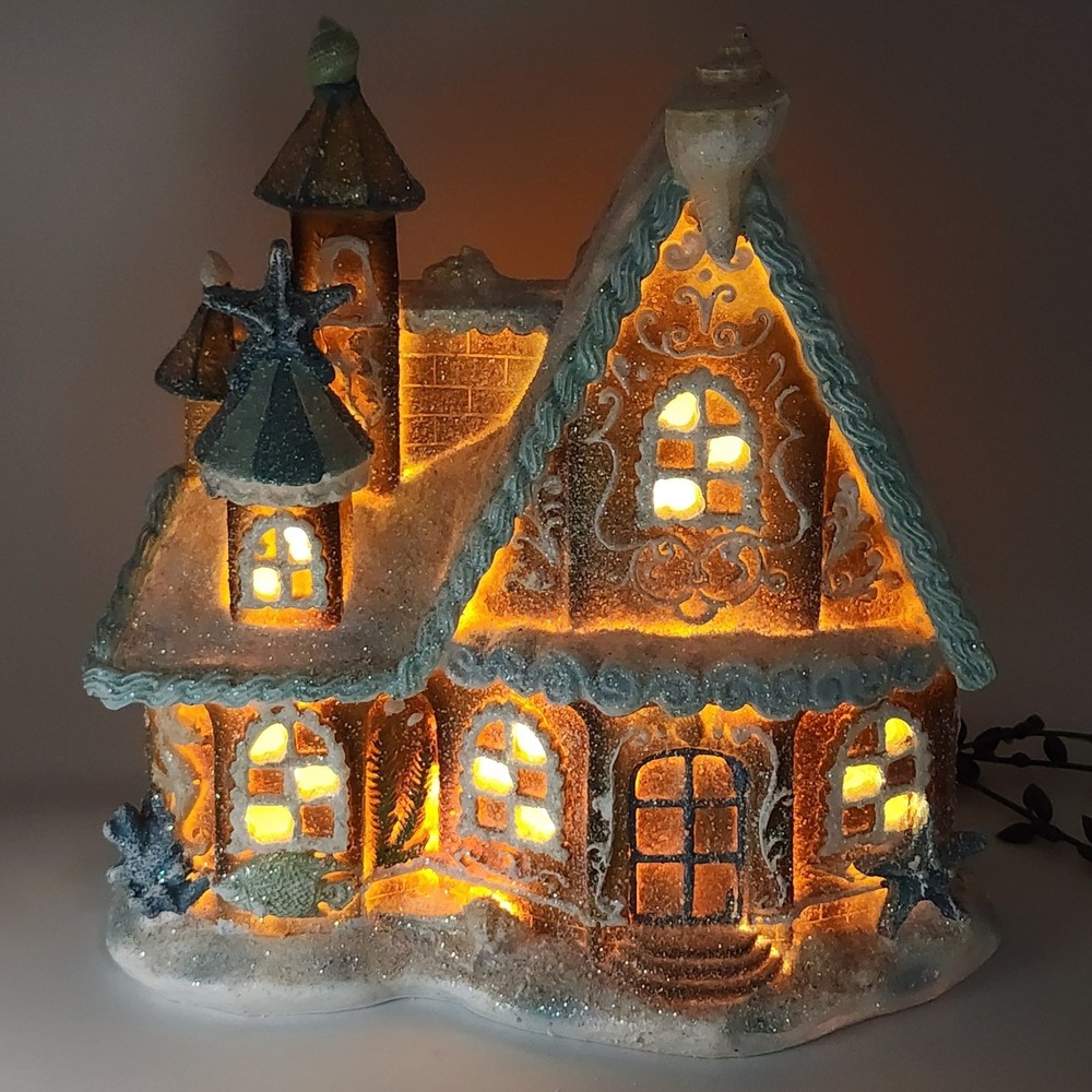 Coastal Gingerbread House LED Light Up Brown Blue Shells Nautical 10" Christmas